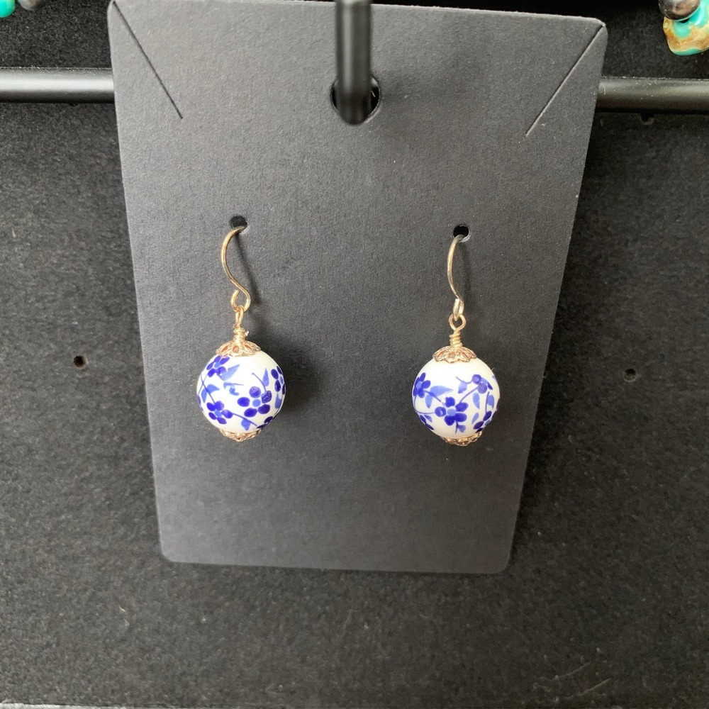 Blue White Ceramic Floral Drop Earrings 925 Sterling Silver Chinoiserie Garden